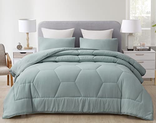 Chezmoi Collection Vero 3-Piece Honeycomb Quilted Microfiber Comforter Set - Soft Washed Lightweight Geometric Hexagon Bedding, Full, Aqua