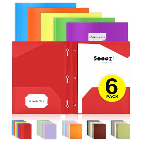 Sooez 6 Pack Pocket Folder with Prongs, Heavy Duty Plastic Folders with Pockets and Prongs, Two Pocket File Folders 3 Prong Folders Back to School Supplies for Kids, Letter Size A4,Bright Color