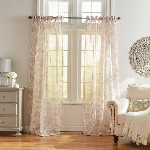 Elrene Home Fashions Westport Floral Tie-Top Sheer Window Curtain Panel, 52" x 84" (1), Flax