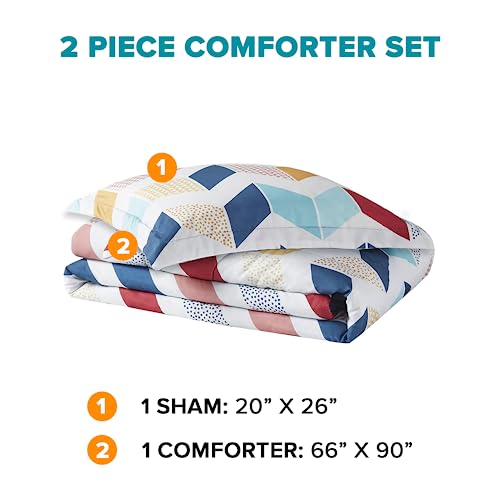 Comfort Spaces Kylar Cozy Comforter Set, Vibrant Chevron Ruching Design with Solid Reverse, All Season Down Alternative Bedding with Matching Sham, Twin/Twin XL (66 in x 90 in), Multi/Aqua 2 Piece