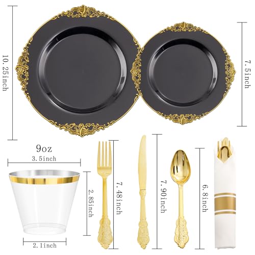 Nervure 175PCS Blue and Gold Plastic Plates & Pre Rolled Napkins with Plastic Cutlery for 25 Guests Gold Disposable Plates 75 Gold Plastic Silverware, 25Cups, 25Napkins for Wedding & Party