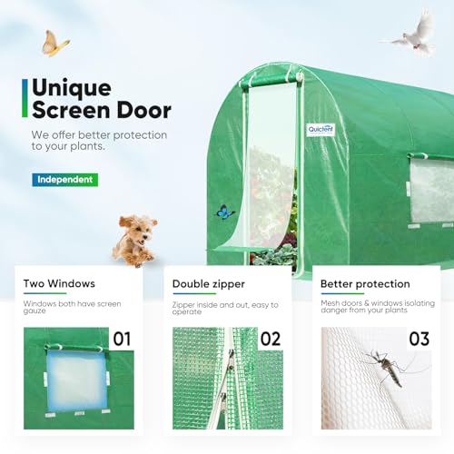 Quictent Premium 10x6.6x6.6FT Upgraded Greenhouse for Outdoors, Portable Walk-in Heavy Duty Frame Large Garden Plant Hot Outside Hoop House, 2 Ventilated Screen Window and Zipper Screen Door, Green