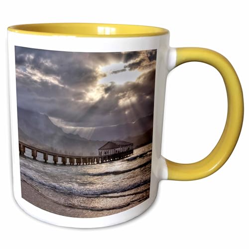 3dRose Hawaii, Kauai, Hanalei, Hanalei Pier at Sunset 15oz Two-Tone Yellow Mug