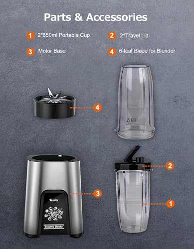 VEWIOR 900W Blender for Shakes and Smoothies, Smoothie Blender with 6 Fins Blender Blade, Personal Blender for Kitchen, Smoothie Juice Mixer Include 2 * 22 oz To-Go Portable Cups