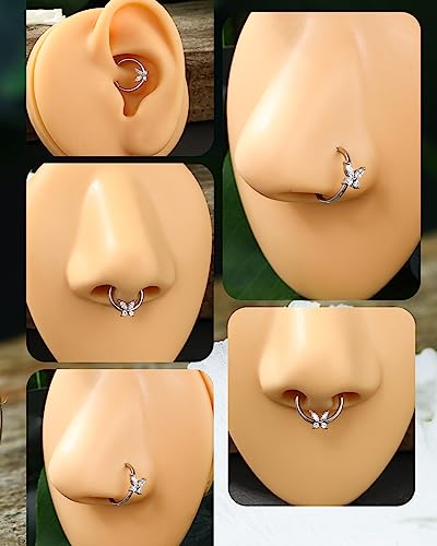 Jewseen 16G Butterfly Septum Ring Nose Ring Hoop CZ Hinged Segment Ring Septum Clicker Cartilage Earring Hoop Helix Piercing Daith Earrings Tragus Piercing Jewelry for Women Men