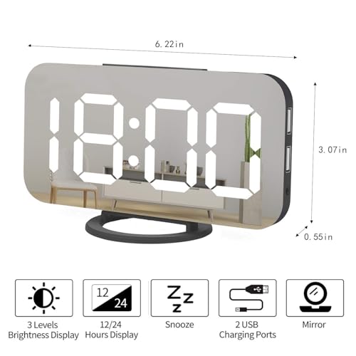 Miowachi Digital Alarm Clock,Large Mirrored LED Clock,Snooze,Dim Night Light 2 USB Charger Ports Desk Alarm Clocks for Bedroom Decor (Black)