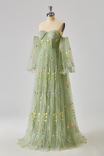 UZN Women's Flower Embroidery Prom Dresses Long Sleeveless Tulle Sweetheart Spaghetti Strap A-Line Formal Evening Party Gown Peacock Size 12