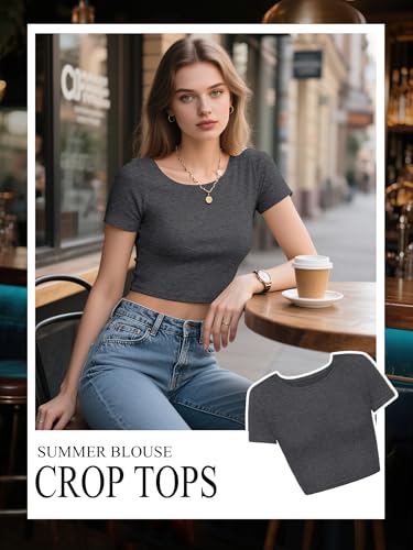 Syhood 4 Pack Summer Crop Tops for Women Basic Tight Short Sleeve Cute Trendy Scoop Neck Crop Tops for Women or Teen Girls(Medium,Black, White, Pink, Blue)