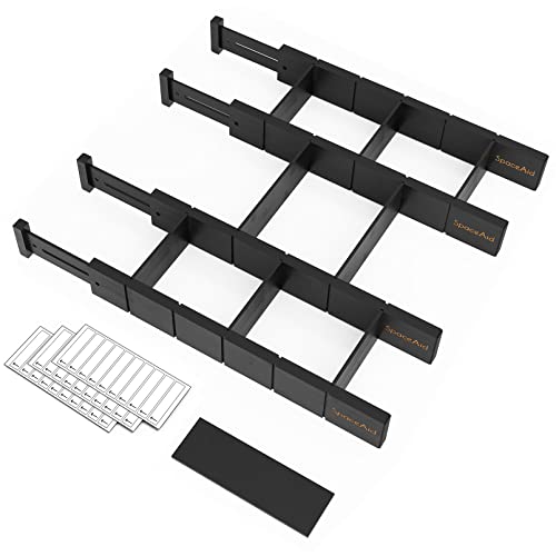 SpaceAid Bamboo Drawer Dividers with Inserts and Labels, Kitchen Adjustable Drawer Organizers, Expandable Organization for Home, Office, Dressers, 4 Dividers with 9 Inserts (17-22 in, Black)