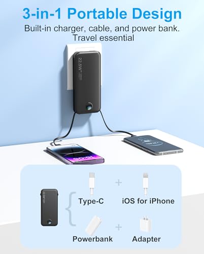 citicr Portable Charger with Built-in Cables and AC Wall Plug, 12000mAh Slim Fast Charging USB C Power Bank, Travel Essential Battery Pack with LED Display Compatible with iPhone, iPad, Samsung etc