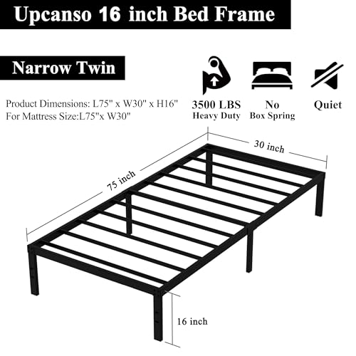 Upcanso 18 Inch Twin Bed Frames No Box Spring Need, Metal Platform Bed Frame Twin Size with High Storage, Eassy Assembly 2,500 Lbs Heavy Duty Bedframes, Black