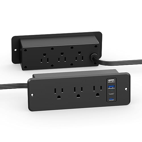 CCCEI 6 Outlets Dual Side Recessed Power Strip with USB C Ports, Furniture Flush Mount, Under Desk, Desk Top Multiple Outlets, Hidden Charging Station for Conference Table, Nightstand, Black. 6FT.