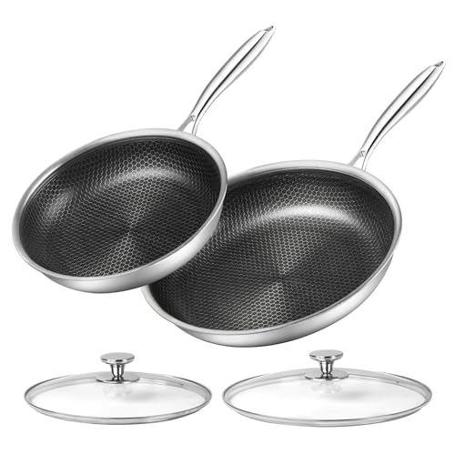 Innerwell Tri-Ply Stainless Steel Frying Pan Set with Lid,8 Inch,9.5 Inch and 11 Inch Nonstick Honeycomb Stainless Steel Cooking Pan Set of 3，Skillet Works Pan for Cooking with Induction Gas Stovetops