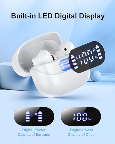 TUMJUN Wireless Earbuds, 42H Playtime Bluetooth 5.3 Headphones, HiFi Stereo Call Noise Cancelling Earbuds, IPX7 Waterproof Stereo in-Ear Earphones with LED Display for iOS Android Cell Phone (Grey)