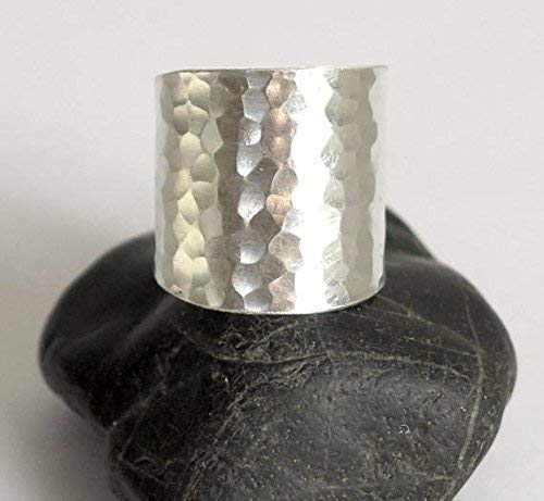 Hammered Sterling Silver Handmade Classic Wide Band Boho Statement Ring, Shiny Finish Wrap Band Adjustable to Sizes 6-12, Also as Thumb Ring, Gift for Her