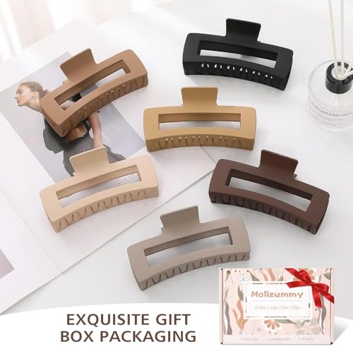 5 Inch XL Hair Clips, Strong Hold Oversized Non-slip Square Clips for Thick Long Curly Hair - 6 Colors, Matte Jumbo Gift Set