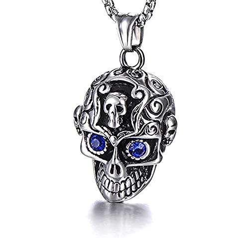 LXSSLY Blue Eye Skull Necklace for Men,Gothic Skull Skeleton Pendant Necklace,Punk Stainless Steel Necklace,Skull Jewelry Gifts for Women Men