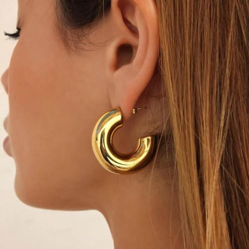 Tituthia Chunky Gold Hoop Earrings for Women, Trendy Simple 14K Gold Plated Thick Large Gold Hoop Earring for Women Hypoallergenic Lightweight Open Big Hoops Earrings Trendy Gold Jewelry Women