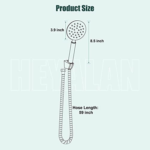 Heyalan Shower Wand Handheld Showerhead Wand Spray High Pressure Flow Brushed Nickel 1 Mode Hand Held Round SUS304 Sprayer Bathroom High Powerful Single Function Shower Head Bracket&Water Hose Include