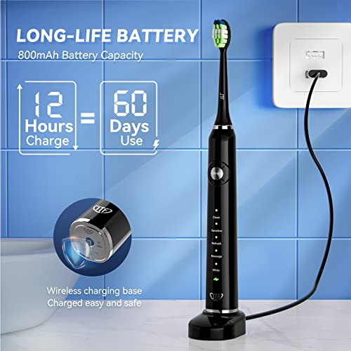 JTF Sonic Electric Toothbrush for Adults - Teeth Whitening Toothbrush with 6 Brush Heads and a Travel Case, Fast Charging for 60 Days Use Waterproof Toothbrushes, Black