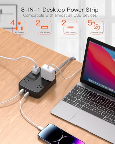 Surge Protector Power Strip with 2 USB C - 5 Ft Flat Extension Cord Flat Plug Power Strip, 4 Widely Outlets and 4 USB Charging Ports, 900 Joules, for Home Office Dorm Room Essentials, Black