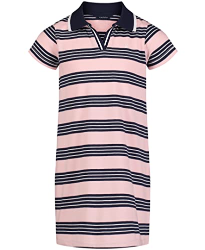 Nautica Girls' Short Sleeve Knit Pique Polo Dress, Coral Blush Stripe, 2T