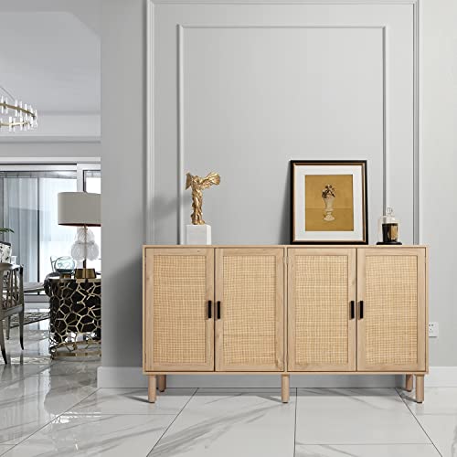Finnhomy 4 Door Sideboard Buffet Cabinet, Kitchen Storage Cabinet with Rattan Decorated Doors, Cupboard Console Table, Boho Accent Liquor Cabinet, Bar Cabinet, 62.3X 15.7X 34.6 Inches, Natural