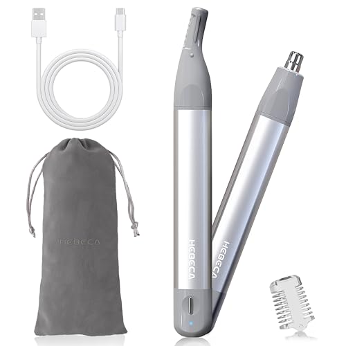 HEBECA Ear Nose Hair Trimmer, Rechargeable Facial Hair Removal Set for Women Men- Electric Eyebrow Trimmer, Waterproof 2in1 Face and Nose Trimmer Portable Silver