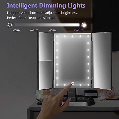 deweisn Trifold Lighted Vanity Makeup Mirror with 21 LEDs Lights,1x/2x/3x Magnification and Touch Screen Dimming,Two Power Supplies Makeup Mirror, Gift for Women