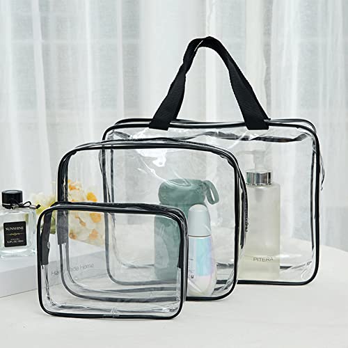 Veki 3Pcs Set Crystal Clear Toiletry Bag TSA Approved Makeup Bag Quart Size Cosmetic Bag Waterproof Travel Bags for Women Men Portable Carry on Airport Airline Compliant Bag with Different Size(Black)