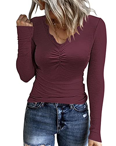 uoDim Lace V Neck Tops Long Sleeve Shirts Casual Fall Basic Ribbed Knit T Shirts 2024 Pink Tees