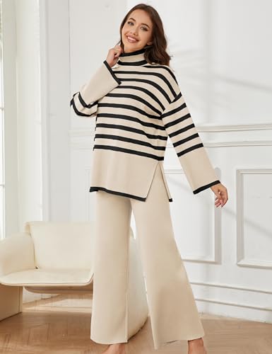 Tanming Women's Sweater Sets Long Sleeve Striped Jumper Tops Casual Knit Wide Leg Pants Sets (Beige-S)
