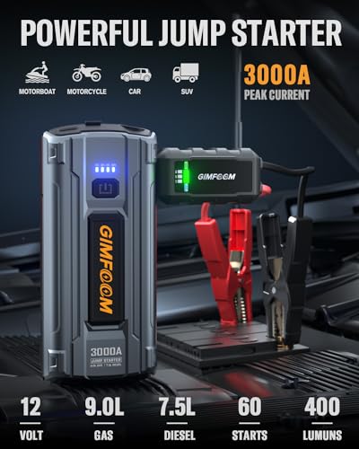 Car Jump Starter, 3000A Jump Starter Battery Pack for Up to 9.0L Gas or 7.5L Diesel Engine, 12V Car Battery Jump Starter, Jump Box with LED Light, Storage Case, and Dual USB Output.