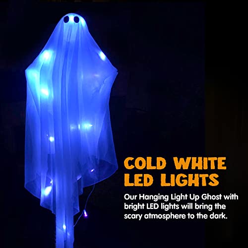 JOYIN Halloween Hanging Light up Ghost with Spooky Blue LED Light, 47” White Hanging Ghosts, Halloween Hanging Decoration for Front Yard Patio Lawn Garden Party Decor Indoor Outdoor