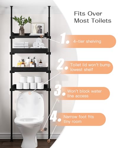 ALLZONE Adjustable Over The Toilet Storage Cabinet,Tension Mount Bathroom Organizers and Storage Over Toilet with 4 Adjustable Shelves,Over Toilet Bathroom Organizer Fit 92-116 Inch Tall,Black