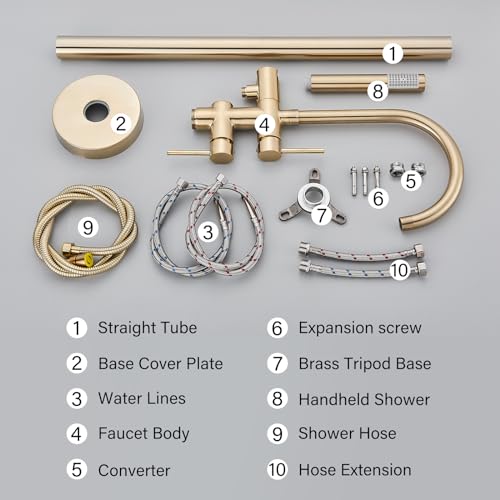 YAGATAP Freestanding Bathtub Faucet Floor Mount Tub Filler Brushed Gold High Flow Shower Faucets with Handheld Shower Mixer Taps Swivel Spout