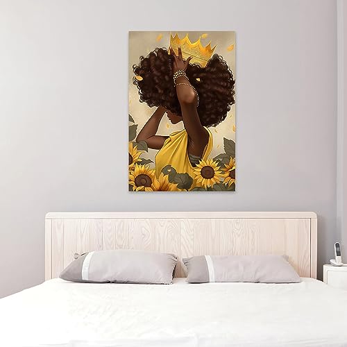 QIXIANG African American Canvas Wall Art Black Queen Portrait Posters Yellow Sunflower Girl Painting Prints Artwork for Bedroom Decor (11.00" x14.00", Queen)