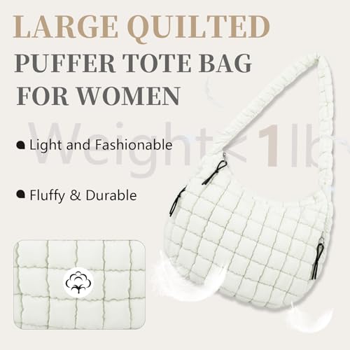 Large Quilted Puffer Tote Bag Puffy Crossbody Shoulder Bag, Lightweight Soft Nylon Quilted Oversized Padding Hobo Tote Bag Handbags Puff Purse Carryall Gym Bag Trendy Tote for Women(Rose Red)