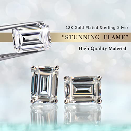 "STUNNING FLAME" 18K White Gold Plated 925 Sterling Silver Cubic Zirconia Emerald Cut Stud Earrings | CZ Studs for Women, Men and Girls (Emerald,4)