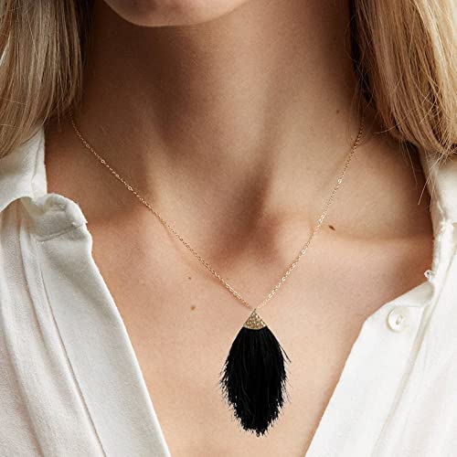 Seakuur Bohemian Silky Thread Fan Fringe Tassel Statement Earrings Lightweight Strand Feather Shape Dangles Earring Necklace Set for Women (Black)