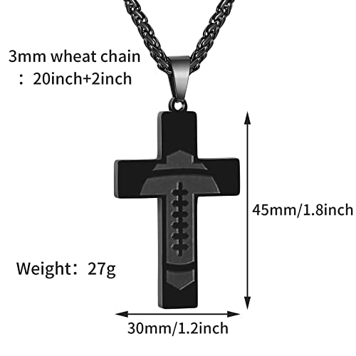 GLITTO Football Cross Necklace for Boys Men Stainless Steel Pendant Chain Religious Christian Baptism First Communion Confirmation Stuff Gear Accessories Jewelry Gift Lord's Prayer Black