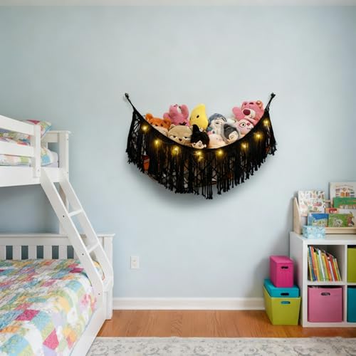 Stuffed Animal Hammock or Net With LED Lights Extra Large Wall Hanging Stuffed Animal Storage Nets for Teddy Bear Handmade Macrame Hanging Toy Net Hammock for Stuffed Animal Storage (Black)