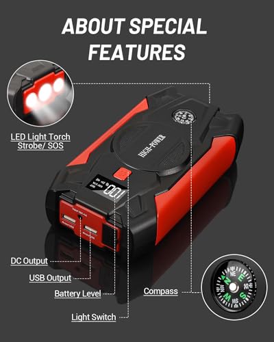 Car Jump Starter, 3000A Portable Car Battery Charger for Up to 8.5L Gas & 8.0L Diesel Engines, 12V Car Jump Box with 4 Modes Flashlight, Power Bank Function, Smart Jumper Cables