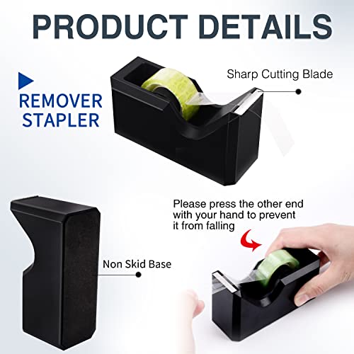 GTOTd Black Office Supplies Desk Accessory Kit includes Desktop Staple,Stapler remove,Single Hole Punch,Tape Dispenser,Stainless Steel Scissors,Small Telescopic Knife and Tape Measure