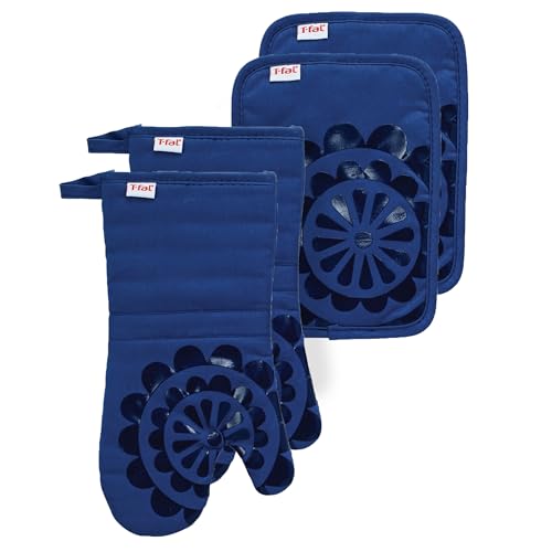 T-fal 4-Pack Medallion Design 100% Cotton and Silicone Oven Mitt & Pot Holder Set - Heat-Resistant Silicone Grip - Blue