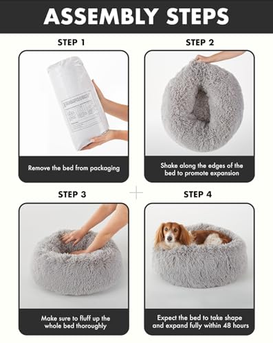 OhGeni Calming Donut Dog and Cat Bed - 20 inch Waterproof, Zipper Cover, Plush Polyester, Soothing Support for Muscle Pain, Machine Washable, Cuddling Design for Sound Sleep, Small Pet Bed(Gray)