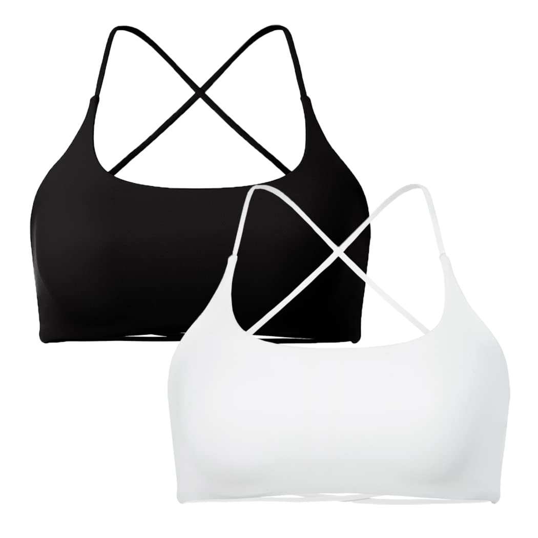 SUUKSESS Women 2 Piece Open Back Sports Bra Pack Strappy Workout Gym Yoga Crops (White & Black, M)