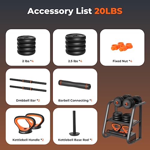 FEIERDUN Adjustable Dumbbells, 20lbs Free Weight Set with Connector, 4 in1 Dumbbells Set Used as Barbell, Kettlebells, Push up Stand, Fitness Exercises for Home Gym Suitable Men/Women