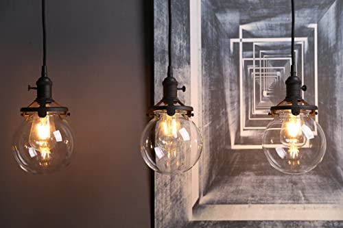 PERMO Vintage Rustic Industrial 3-Lights Kitchen Island Chandelier Triple 3 Heads Pendant Hanging Ceiling Lighting Fixture with Mini 5.9" Round Clear Glass Globe Shade (Black)