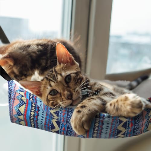 2 Pieces Reversible Cat Hanging Hammock Soft Breathable Pet Cage Hammock with Adjustable Straps and Metal Hooks Double Sided Hanging Bed for Small Dogs Rabbits(Ethnic Pattern,M)